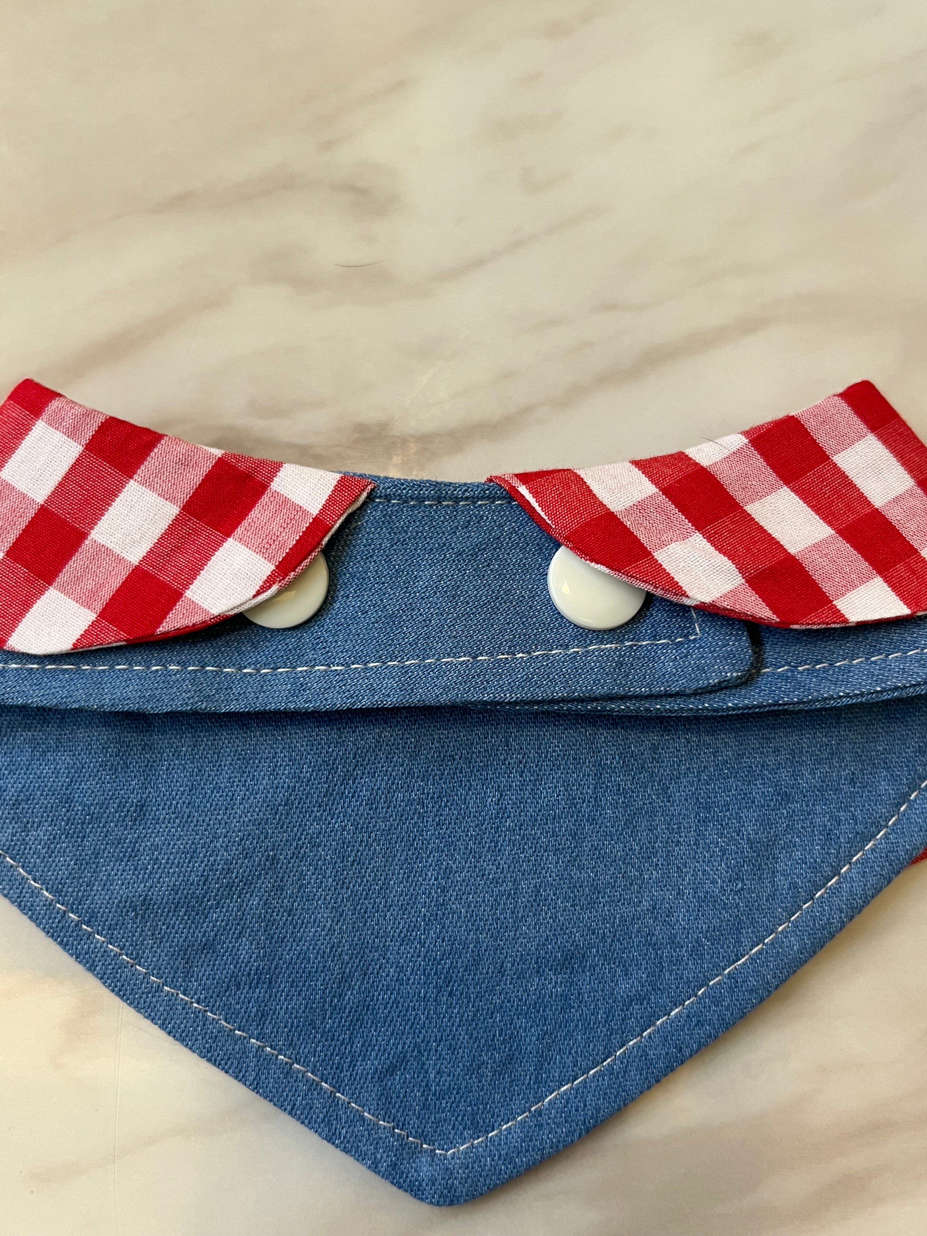denim bib with red plaid pattern